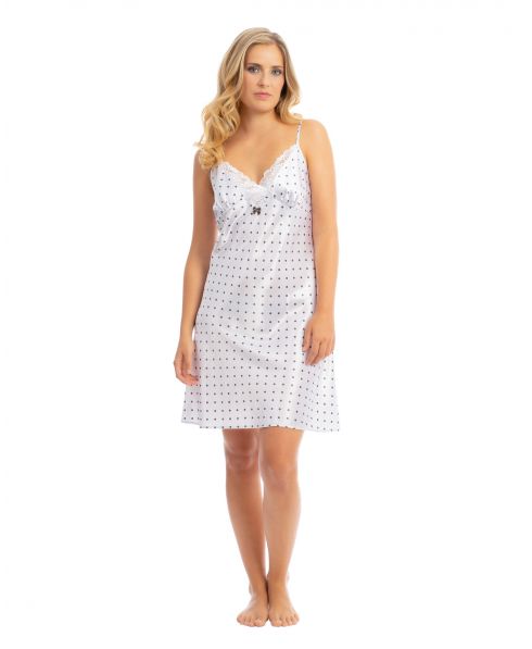 Women's white short nightdress in polka dot printed satin with lace trim
