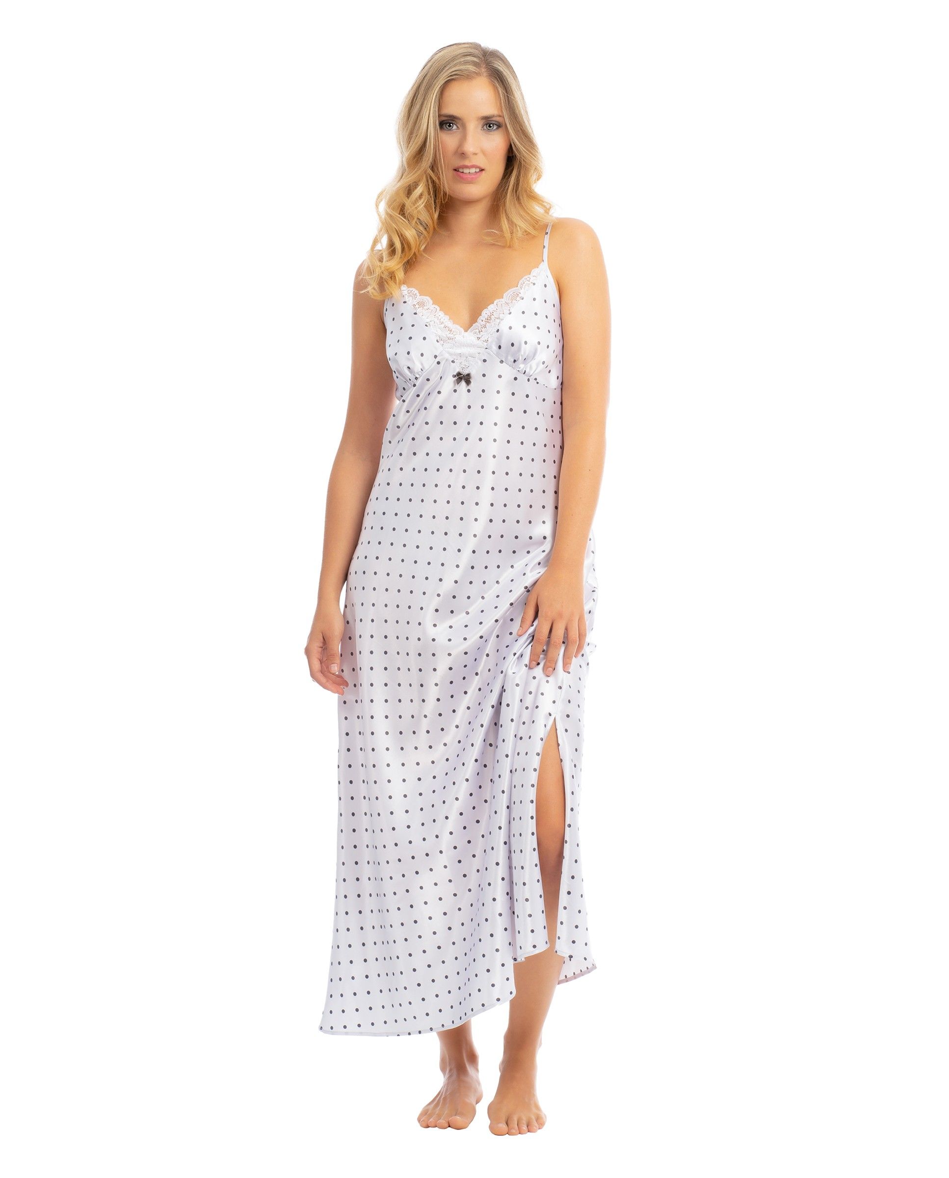 Women's long white satin nightgown with polka dot print and lace trim at neckline