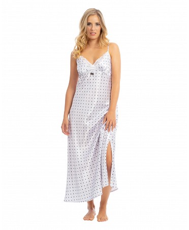 Women's long white satin nightgown with polka dot print and lace trim at neckline