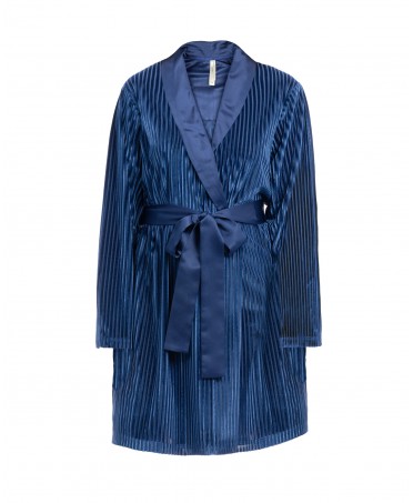 Women's short knotted blue velvet Christmas dressing gown