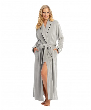 Women's long coat in grey velvet with contrasting trim.