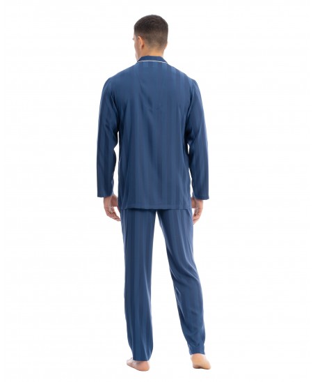 Pijama de caballero largo de invierno raso azul
