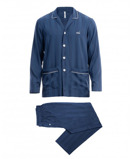 Elegante conjunto de pijama largo de hombre para invierno en raso azul 
 jacquard