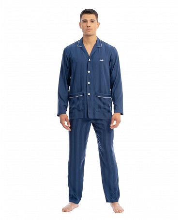 Men's blue satin jacquard long pyjamas