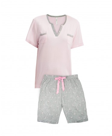 Two-piece short pyjamas for summer, short sleeve jacket and grey trousers with cups print.