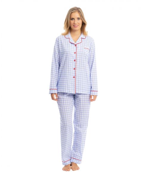 Women's long pyjamas 100% cotton Lohe printed in plumeti check pattern with red piping trimming.