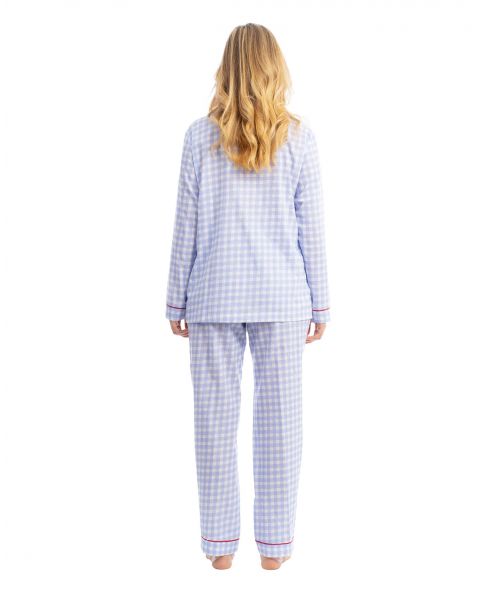 Rear view of Lohe two-piece long pyjamas in cotton plumeti chequered pattern