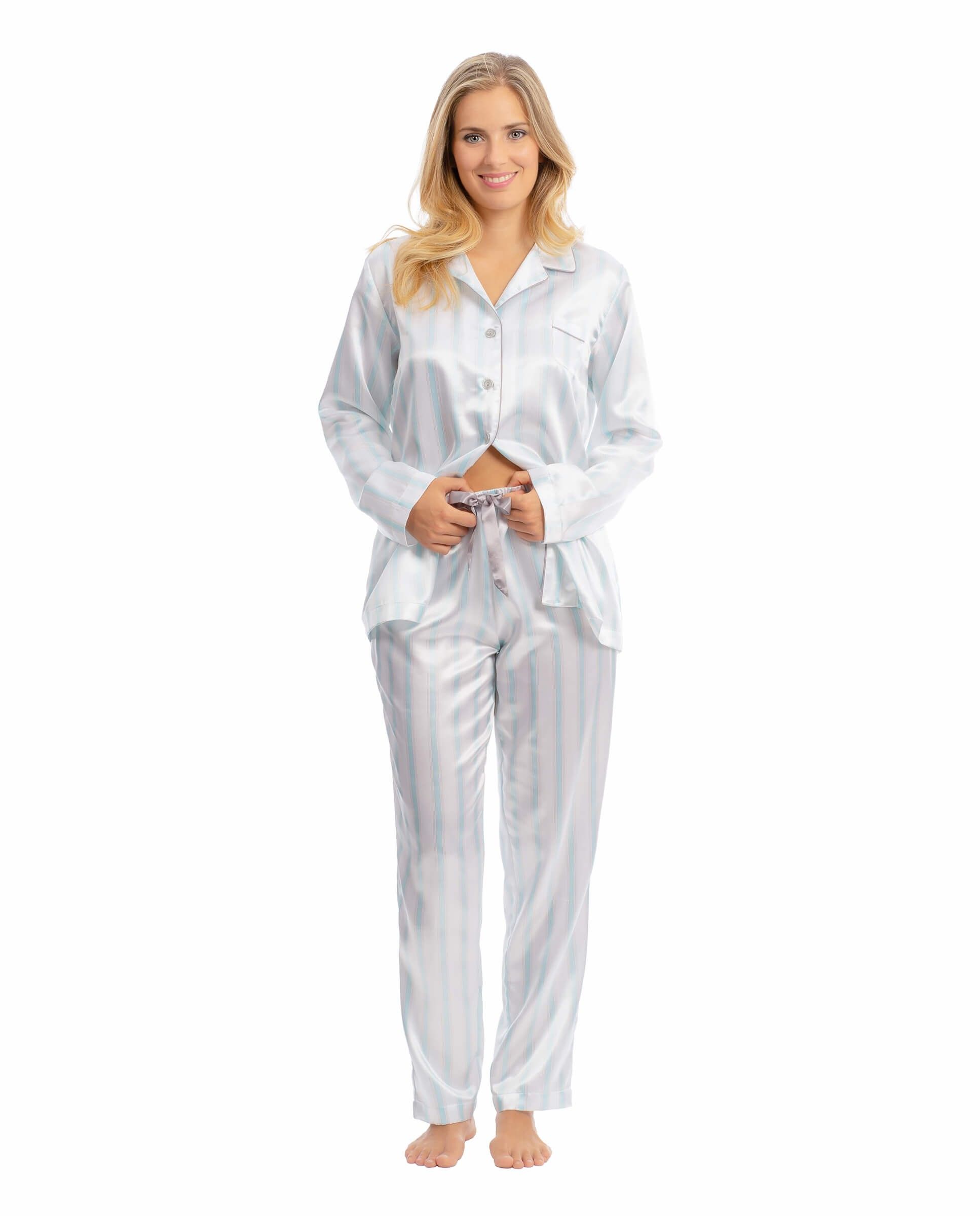 Satin sleepwear set consisting of long trousers and matching long-sleeved jacket with turquoise stripes and grey details.
