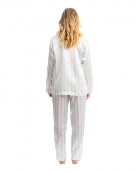 Conjunto de pijama largo de mujer para verano compuesto por chaquetilla abierta de manga larga de raso y pantalón a juego