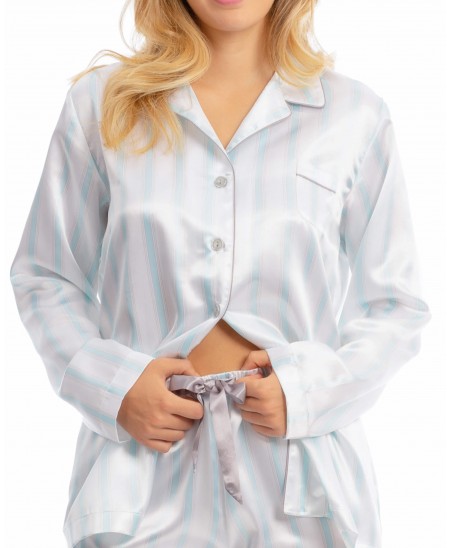 Chaquetilla larga de pijama para mujer de raso abotonada con bolsillo