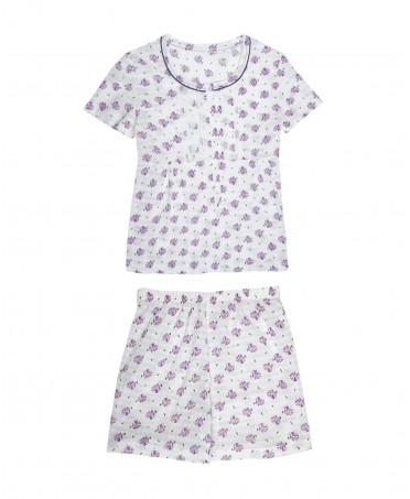 Pijama veraniego para mujer de manga corta con adorno y entredos estampado flores lilas