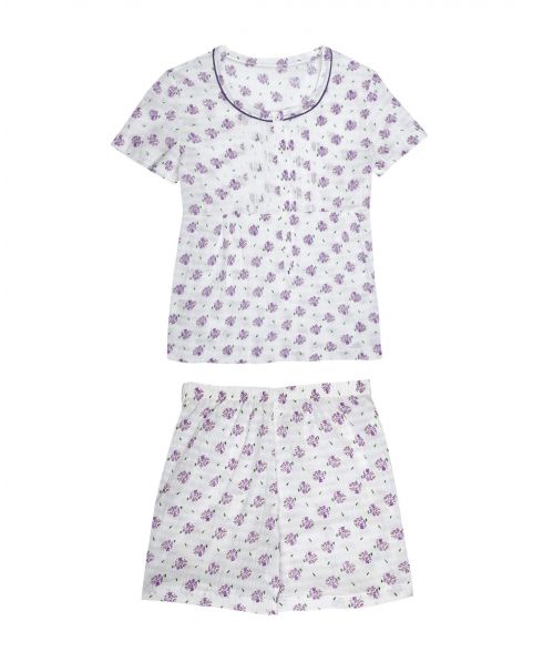 Women's summer pyjamas with short sleeves with lilac flower print trimming and interlining