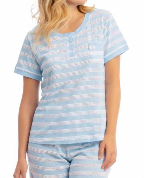 Detail of women's short-sleeved striped cotton pyjama jacket and matching shorts