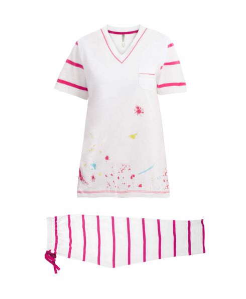 Summer two-piece short pyjamas with long sleeve T-shirt and striped shorts for women