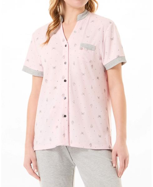 Pink short sleeve open buttoned pyjama jacket with butterfly print.