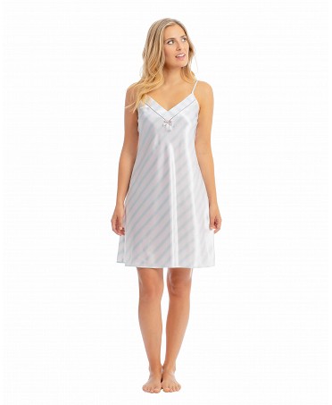 Women's short summer nightgown with thin straps and striped satin print