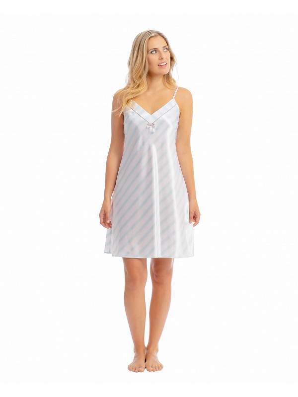 Women's short summer nightgown with thin straps and striped satin print