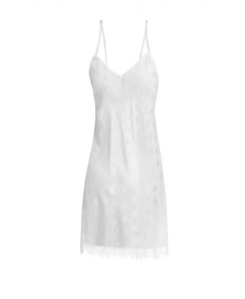 Short white satin jacquard strapless nightdress with lace details