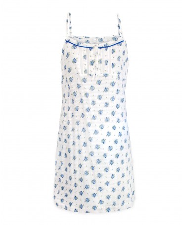 Lohe women's short nightdress with straps and blue floral print with trimming and back and neckline