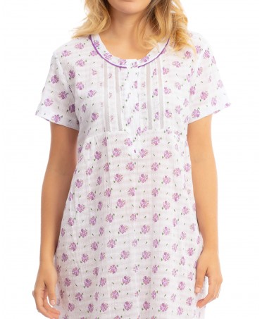 Detail view of lilac floral short sleeve summer nightdress