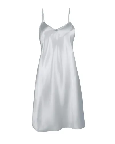 Woman in grey satin nightdress with detail on neckline and straps