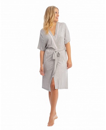 Women's short summer dressing gown in grey with cup pattern