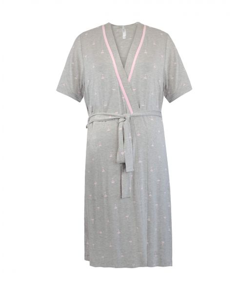 Grey summer short dressing gown, knotted with collar detail, with a grey tie.