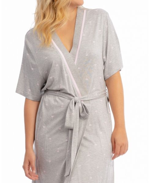 Cool grey knotted summer dressing gown with elegant pink cup print