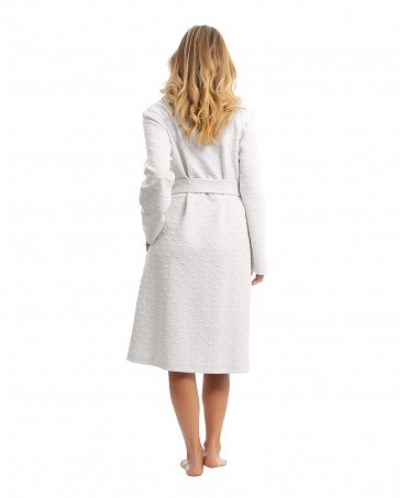 Rear view ivory women's long dressing gown with belt and pockets