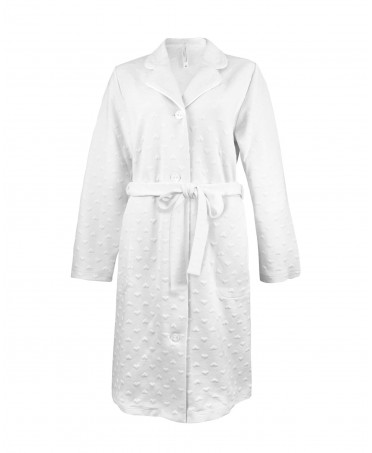 Ivory women's long dressing gown with embossed heart pattern, buttoned and belted.