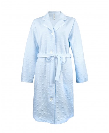 Light blue women's long dressing gown with embossed heart pattern, buttoned and belted.