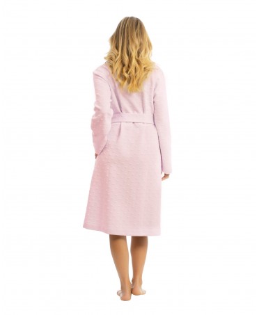 Rear view pink women's long dressing gown with belt and pockets