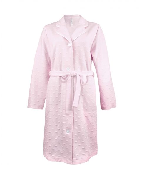 Pink women's long dressing gown with embossed heart pattern, buttoned and belted.