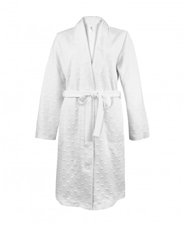 Women's ivory Lohe long dressing gown with embossed heart pattern, crossed with belt.
