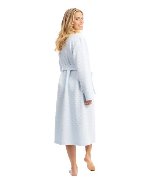 Side view light blue women's long knotted dressing gown with belt and side pockets