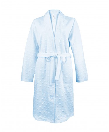 Lohe women's light blue long dressing gown with heart embossed pattern, crossed with belt.