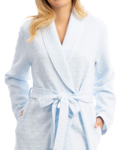 Dinner jacket collar detail view of light blue women's long dressing gown with pockets and belt