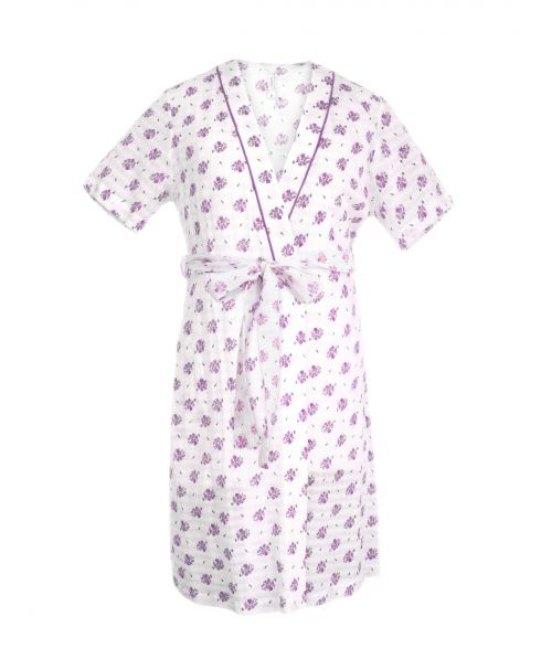 Knotted short-sleeved dressing gown with pockets and knotted with blue flower print and trimmings