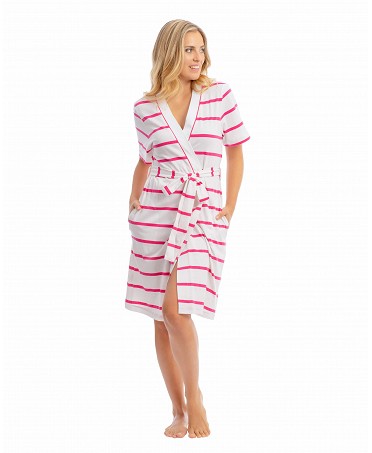 Women's short summer dressing gown in cool cotton, wide stripes