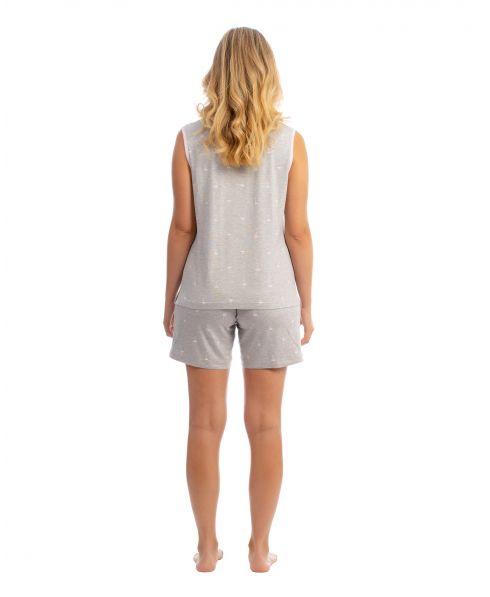 Women's two-piece sleeveless pyjama shorts in grey with printed patterned cups