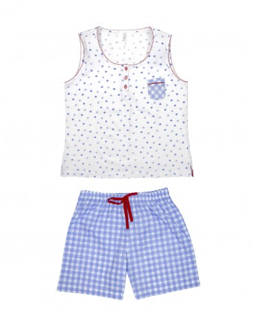 Two-piece summer pyjama shorts, sleeveless plumeti jacket and plaid shorts