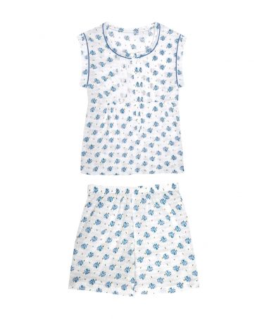 Pijama corto de dos piezas de algodón estilo clásico con estampado de flores y puntilla en el pecho