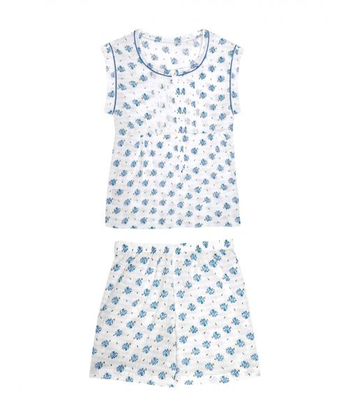 Pijama corto de dos piezas de algodón estilo clásico con estampado de flores y puntilla en el pecho