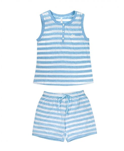 Cool sleeveless women's pajamas for this summer with striped print and lace trim