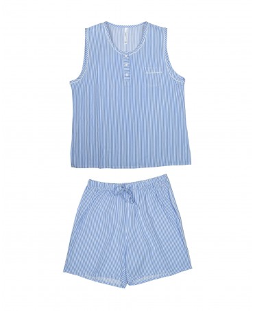 Light blue striped two-piece summer pyjamas against the heat