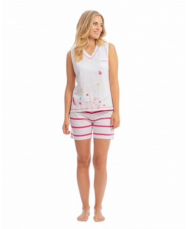 Pijama corto de mujer 100% algodón estampado a rayas y manchas pintura