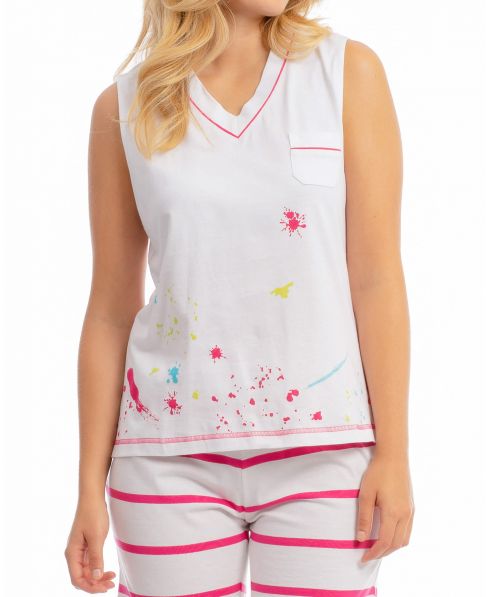 Detalle camiseta pijama corto de mujer cuello pico sin mangas Lohe