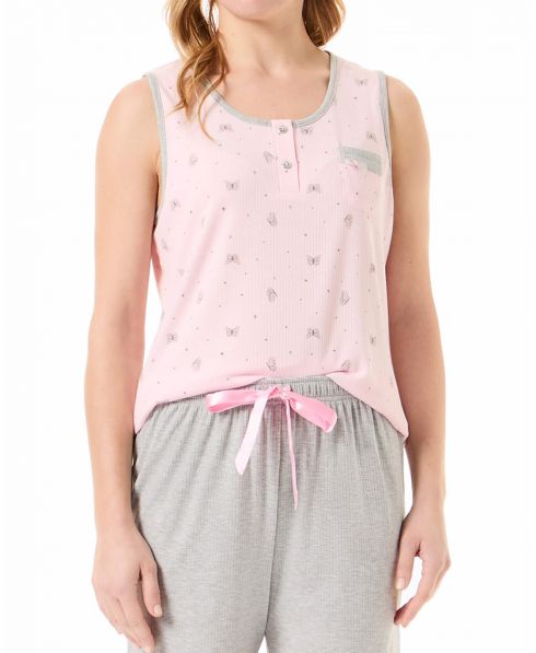 Detail view of sleeveless pyjama jacket with pink print and short trousers with bow