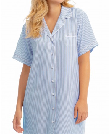 Detail view of short sleeve buttoned nightdress with light blue stripes