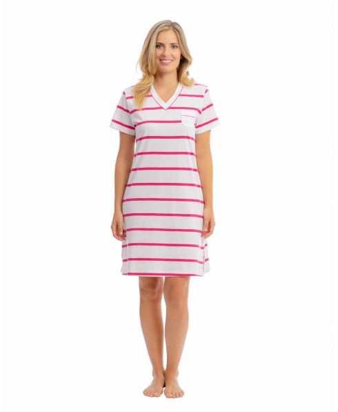 Women's short sleeved cotton nightdress with wide pink stripes